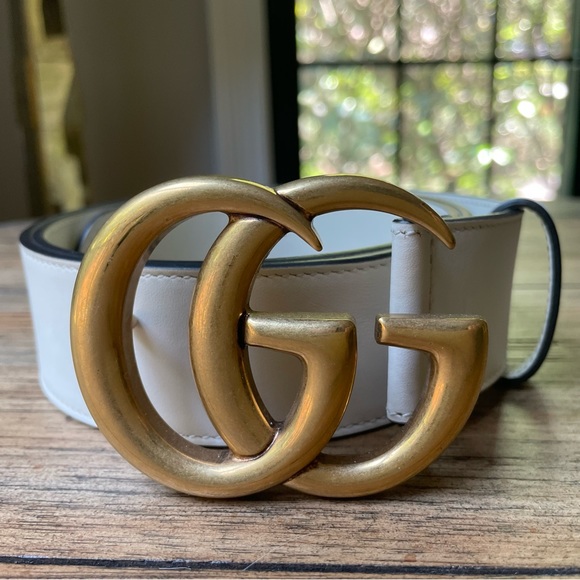 Gucci Calfskin Double G Belt 85 34 Mystic White Antiqued Brass Hardware - Picture 9 of 9